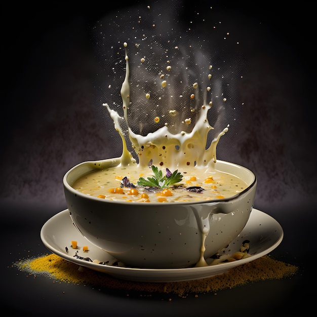 Un plato de sopa con un chorrito de leche y una cuchara con la palabra sopa.