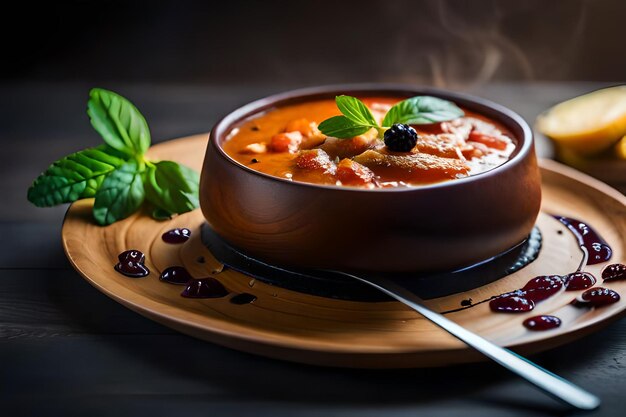 un plato de sopa con una cuchara y una cuchara en él