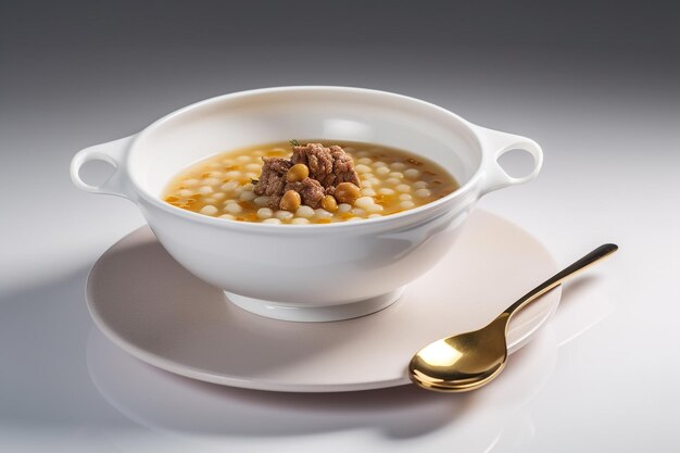 Un plato de sopa con una cuchara en un plato