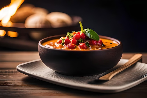 un plato de sopa con una cuchara y un poco de pan en él