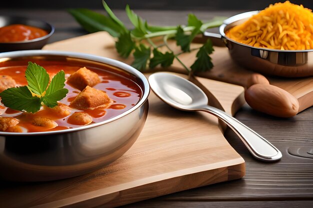 Un plato de sopa con una cuchara sobre una tabla para cortar madera