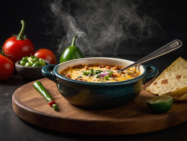 un plato de sopa con una cuchara y verduras en una tabla de cortar