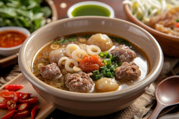 Foto un plato de sopa con fideos y albóndigas