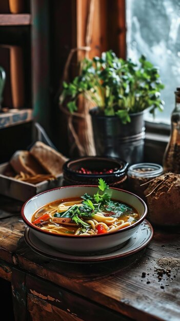 Plato con sopa de fideos asiática