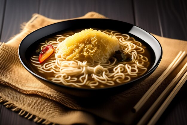 Un plato de sopa de fideos con brócoli