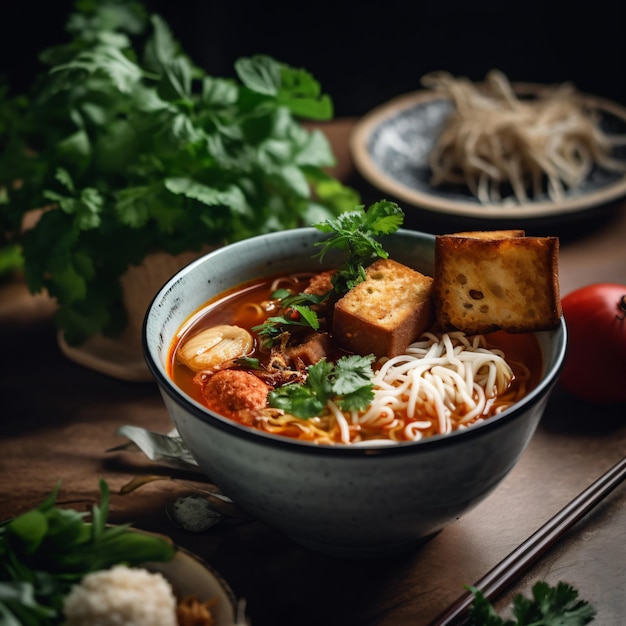 Un plato de sopa de fideos con carne