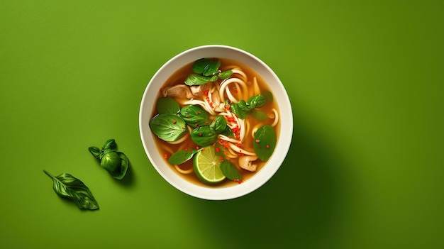 Un plato de sopa de fideos con un fondo verde.