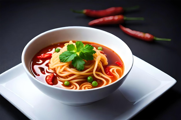 Un plato de sopa de fideos con guisantes y albahaca encima.