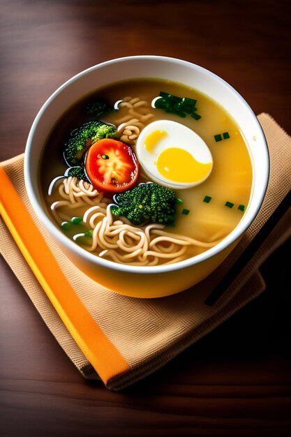 Un plato de sopa con fideos y huevo.