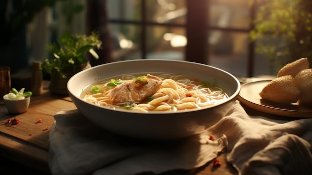 Un plato de sopa de fideos de pollo en una mesa