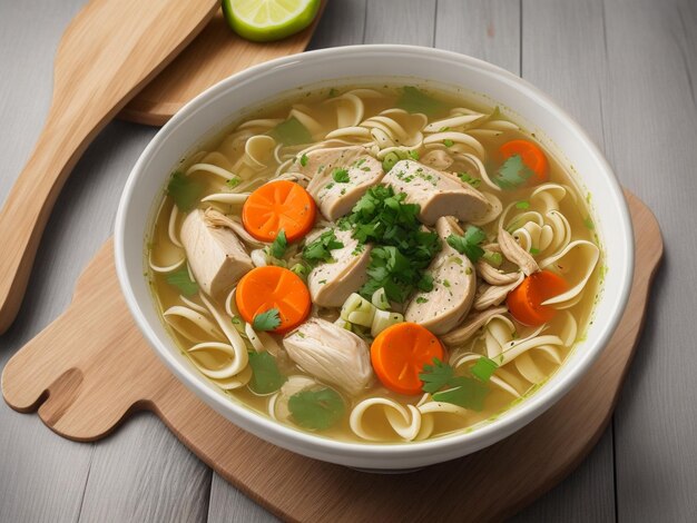 Un plato de sopa de fideos de pollo con zanahoria y hierbas