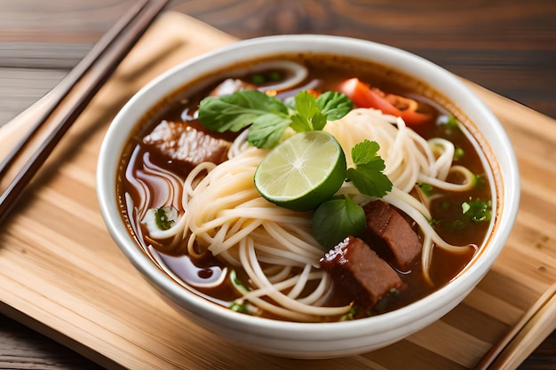 Un plato de sopa de fideos con ternera con una rodaja de lima al lado.