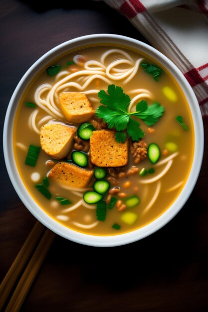 Un plato de sopa con fideos y verduras