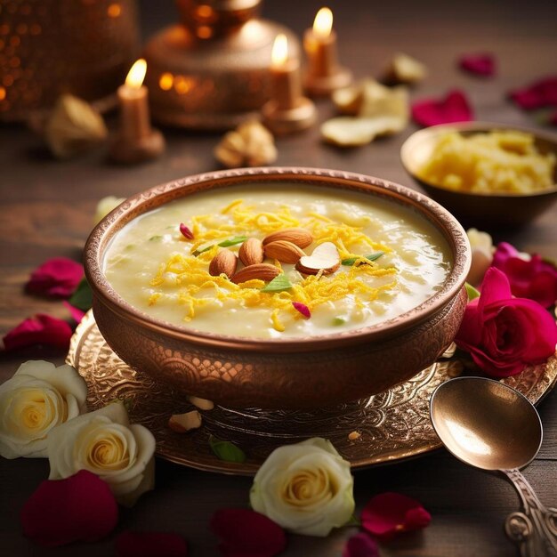 Foto un plato de sopa con flores y una cuchara en la mesa