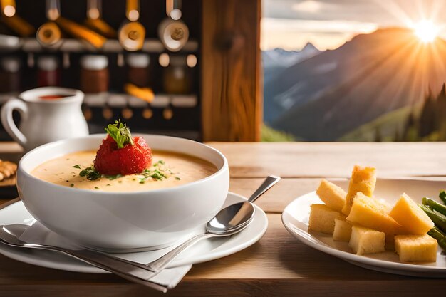 Un plato de sopa con una fresa al lado.