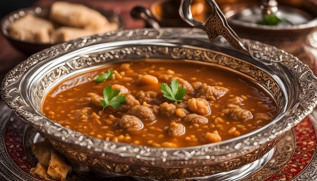 un plato de sopa con frijoles y una cuchara