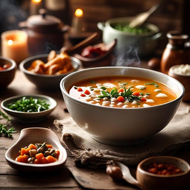 Foto un plato de sopa con frijoles y zanahorias en una mesa