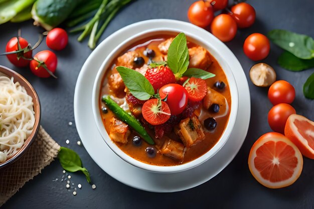 un plato de sopa con frutas y verduras sobre una mesa.