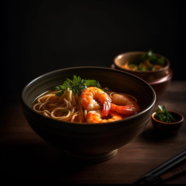 Foto un plato de sopa de gambas con fideos y un plato de perejil.