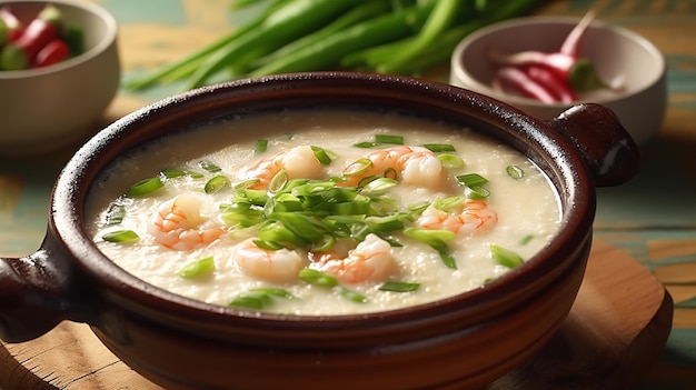 Un plato de sopa de gambas con un plato de cebolletas al fondo