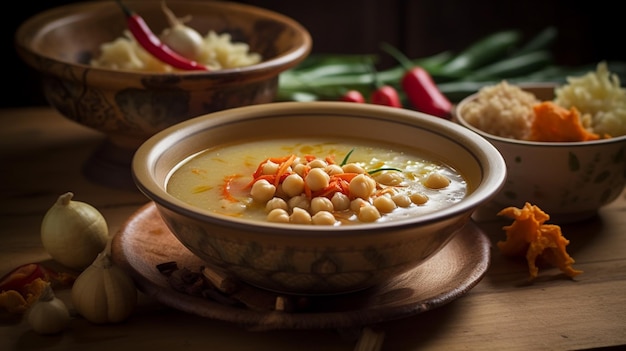 Un plato de sopa de garbanzos con una variedad de verduras en una mesa