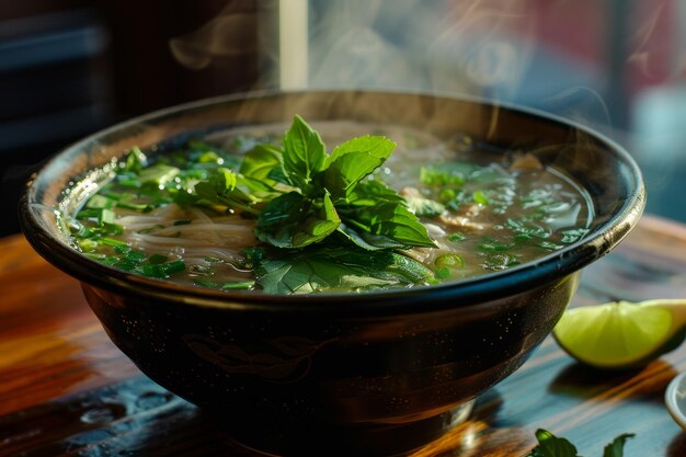 Un plato de sopa con hierbas verdes y una lima en la mesa