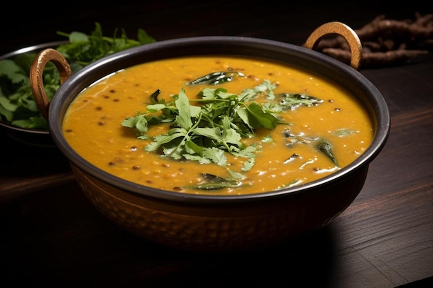 un plato de sopa con hojas verdes