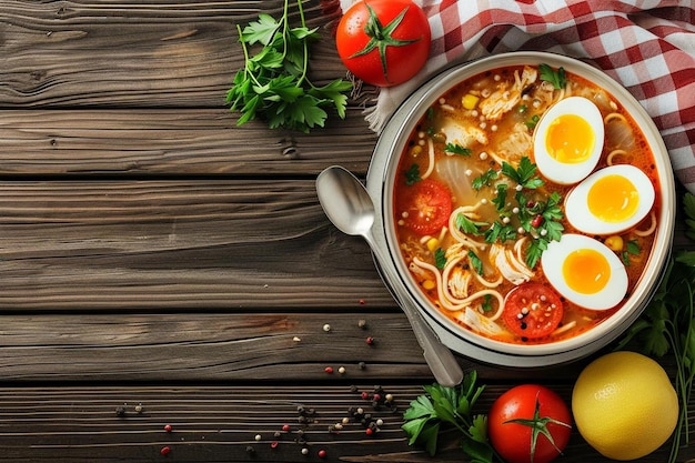 Foto un plato de sopa con huevos y tomates