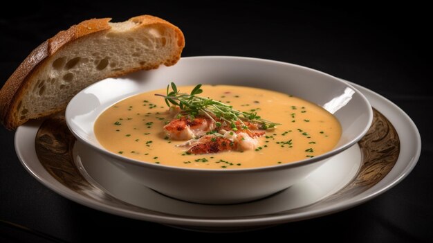 Un plato de sopa de langosta con un trozo de pan al lado