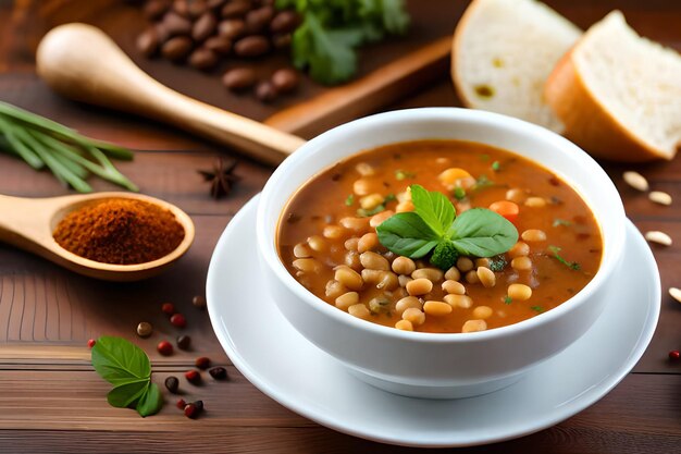 Foto un plato de sopa de lentejas con una cuchara al lado.