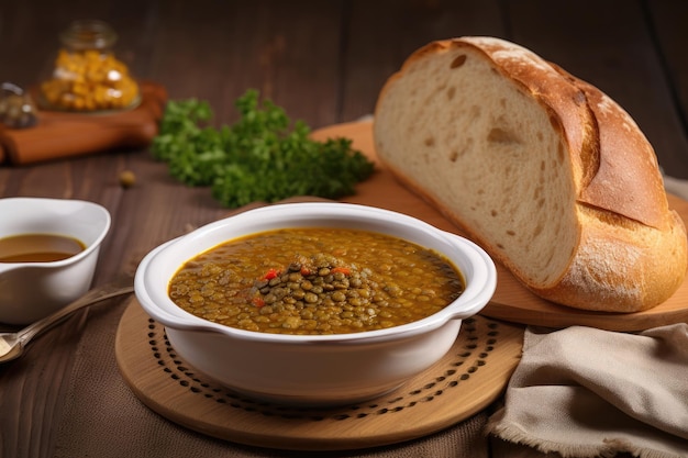 Un plato de sopa de lentejas junto a una hogaza de pan.