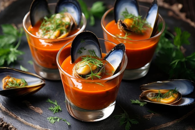 Un plato de sopa con mejillones y una ramita de eneldo encima.