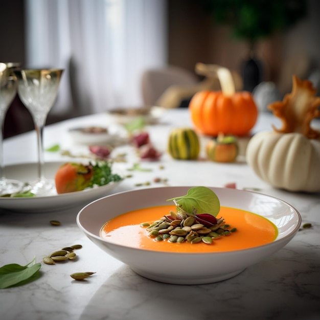 Un plato de sopa de naranja con semillas y calabazas sobre una mesa.