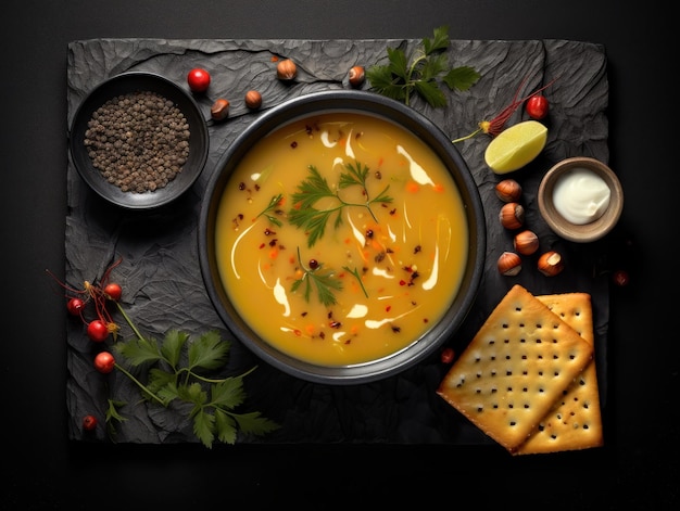 Plato de sopa de otoño e invierno vibra exhibición de alimentos