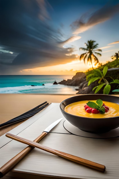 Un plato de sopa con una palmera al fondo.