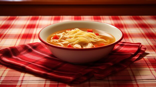 un plato de sopa en un paño de mesa a cuadros rojo y blanco