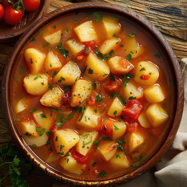 un plato de sopa con patatas y tomates en una mesa