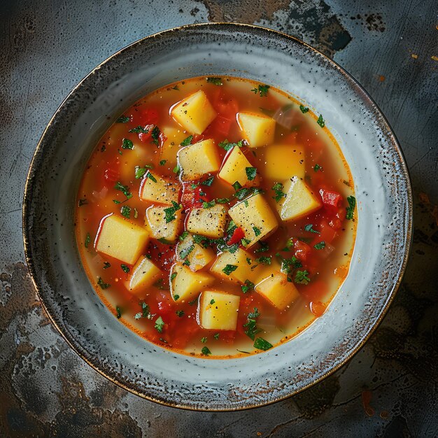 un plato de sopa con patatas y tomates en una mesa