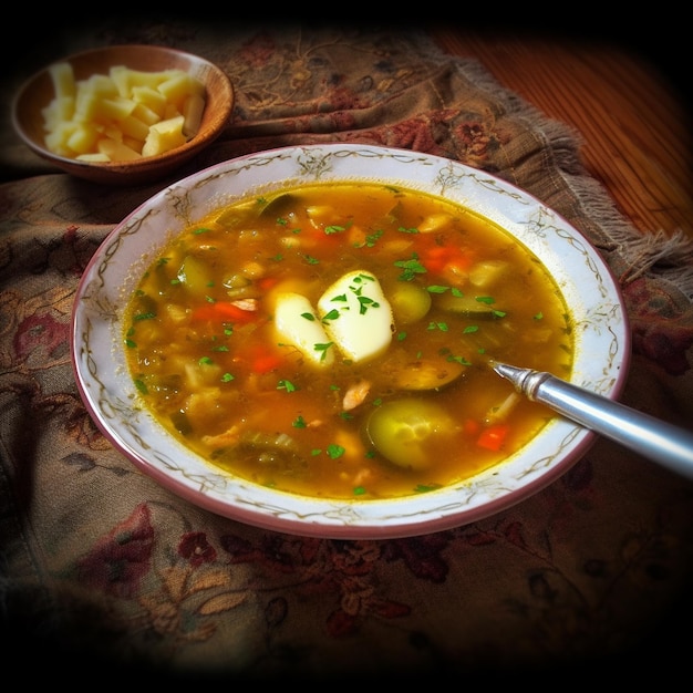 Un plato de sopa con una pegatina que dice "pepino".