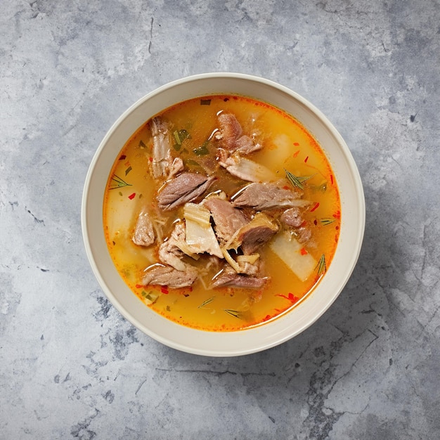 Un plato de sopa de pescado con carne y pan para una comida abundante