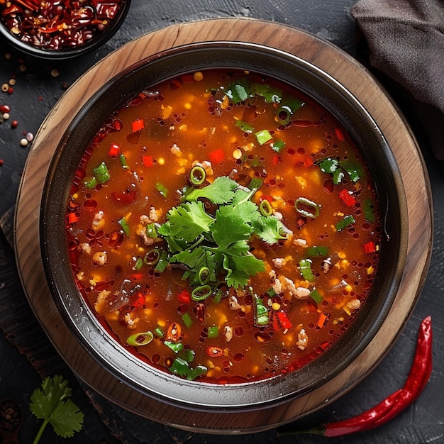 un plato de sopa con pimienta roja y algunos otros alimentos