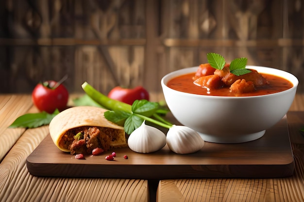 Un plato de sopa con un plato de sopa de tomate y un plato de sopa de tomate.