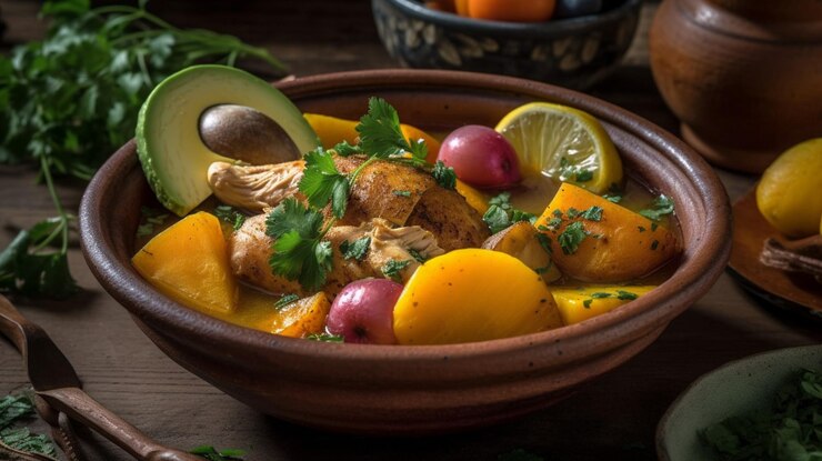 Foto un plato de sopa de pollo con aguacate y papas