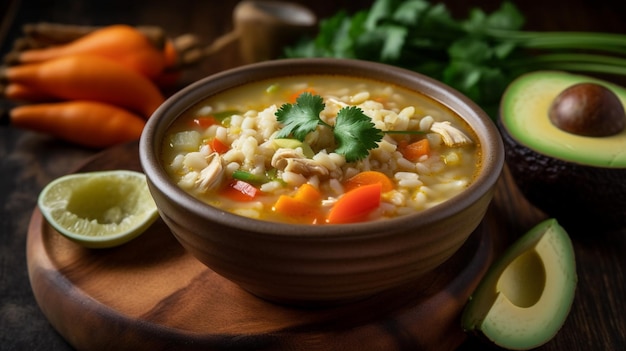 Un plato de sopa de pollo y arroz con verduras en una mesa de madera.