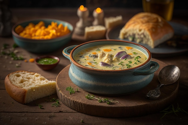 Un plato de sopa de pollo con un bollo de pan al lado