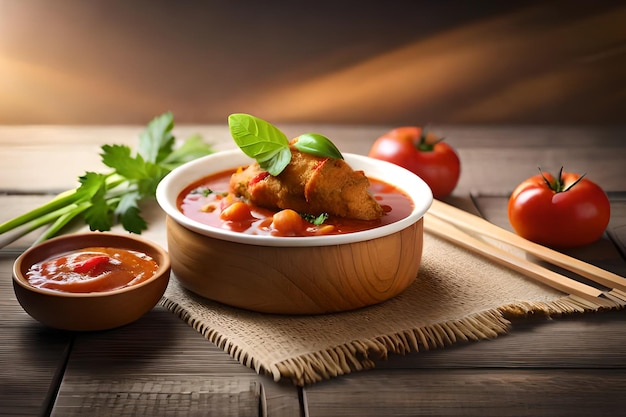 Un plato de sopa de pollo con salsa de tomate y tomates en una mesa de madera.