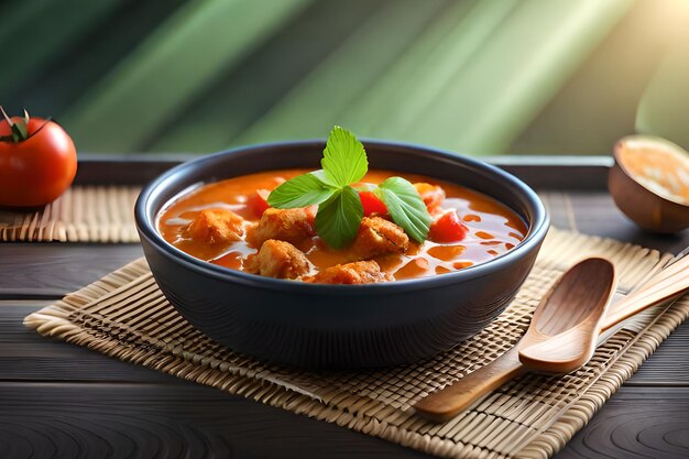 Un plato de sopa de pollo y zanahoria con una ramita de menta sobre una mesa de madera.