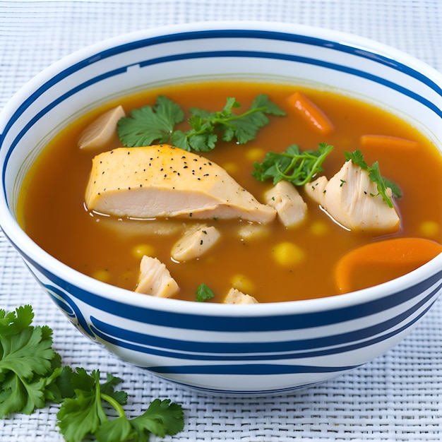 Un plato de sopa de pollo con zanahorias y apio al lado.