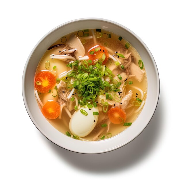 Foto un plato de sopa con pollo y zanahorias encima.