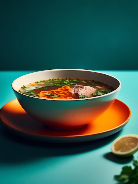 Foto un plato de sopa con una rodaja de lima a un lado